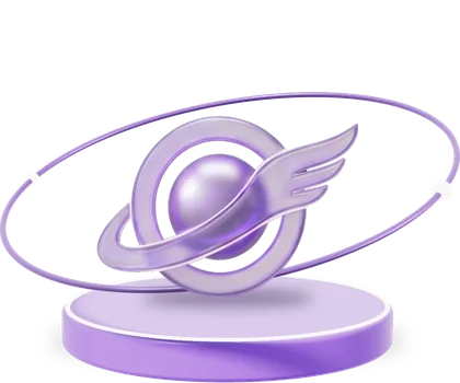 DMM orbit logo on a single glowing pedestal with one orbit ring