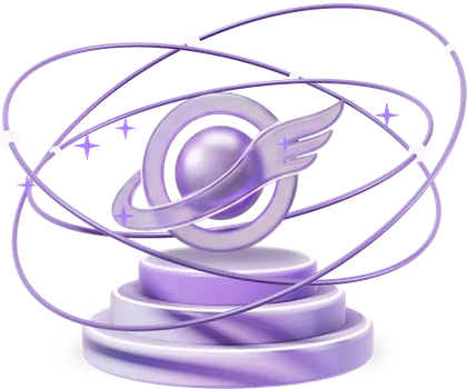 DMM orbit logo on a three-step pedestal with three orbit rings and sparkles